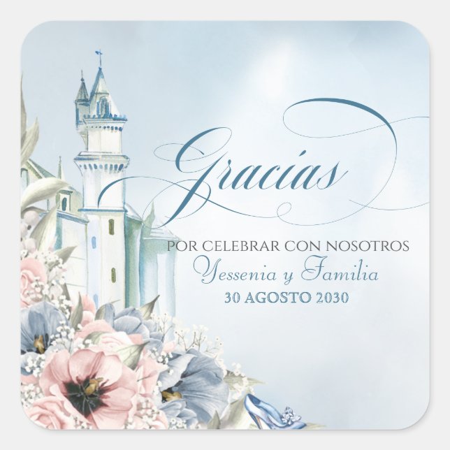 Adesivo Quadrado Cinderella Fairy Tale Blue Pink Favor Espanhol (Frente)