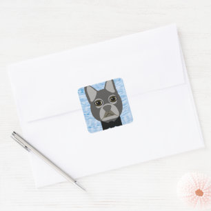 Adesivo Quadrado Cinza Buldogue Francês, azul-aquarela
