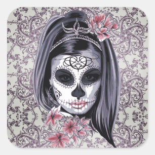 Adesivo Quadrado Cinza/Crânio de Açúcar Rosa/Dia da Garota Morta