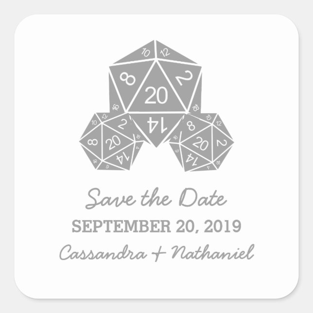 Adesivo Quadrado Cinza D20 Dice Save the Date Stickers (Frente)