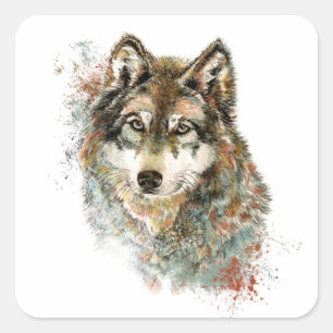 Adesivo Quadrado Cinza de Aquarelas Wolf Willife Animal Art