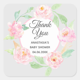 Adesivo Quadrado Cinza E Frota Floral Rosa Obrigado Chá de fraldas