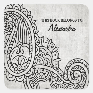 Adesivo Quadrado Cinza Mehndi Motif Bookplate Stickers