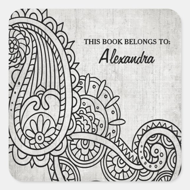 Adesivo Quadrado Cinza Mehndi Motif Bookplate Stickers (Frente)