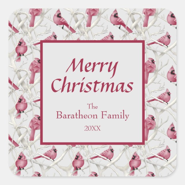 Adesivo Quadrado Cinza moderna Cardinal Bird Feliz Natal (Frente)