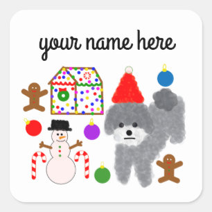 Adesivo Quadrado Cinza Poodle Natal 2-4 Stickers