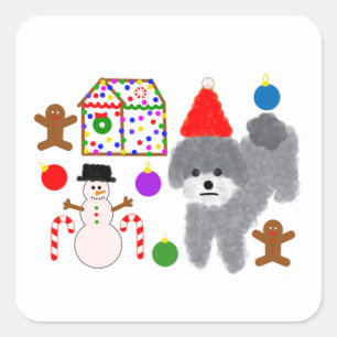Adesivo Quadrado Cinza Poodle Natal 2 Stickers