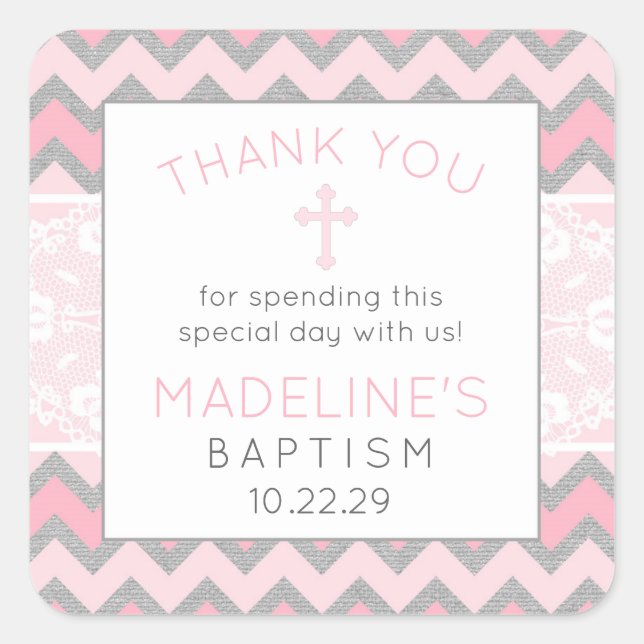 Adesivo Quadrado Cinza rosa russa obrigado de batismo você favorece (Frente)