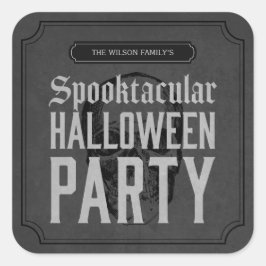 Adesivo Quadrado Cinza Skull Spooktacular Festa de Halloween