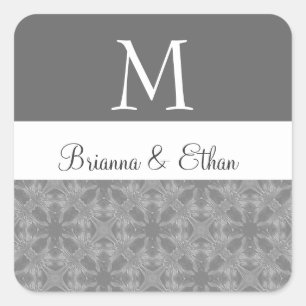 Adesivo Quadrado Cinzas e Monograma de Casamento Floral Branco Suti