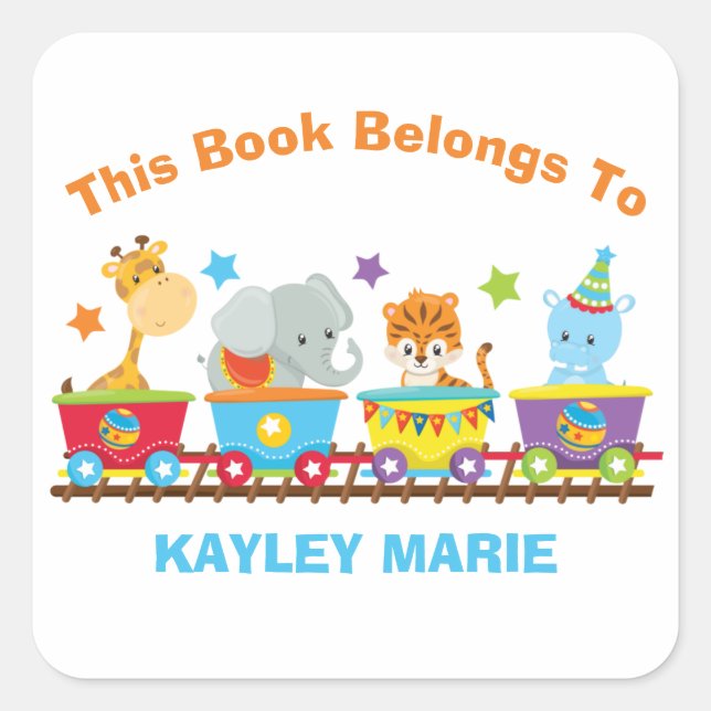 Adesivo Quadrado Circus Animal Train Kids Cute Este Livro Pertence  (Frente)