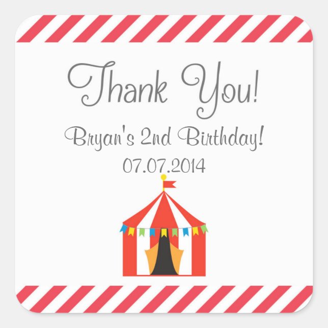 Adesivo Quadrado Circus Tent Birthday Obrigado Stickers (Frente)