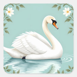 Adesivo Quadrado Cisne branco elegante floral azul