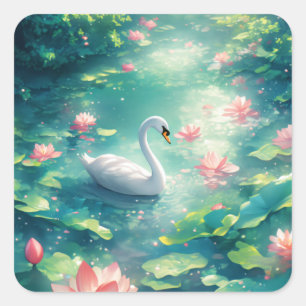 Adesivo Quadrado Cisne Branco Gracioso em Lago de Lírios