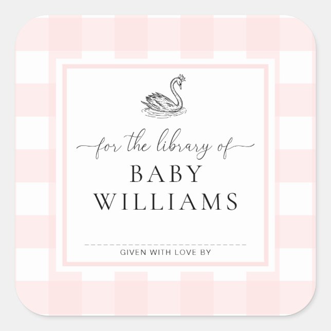 Adesivo Quadrado Cisne De Gingham Rosa Para A Biblioteca Do Ex-Libr (Frente)
