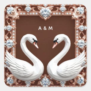 Adesivo Quadrado Cisnes de Casamento Brancos Coração de Diamante Or