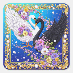 Adesivo Quadrado Cisnes de Casamento Enquadrados com Ouro e Flores