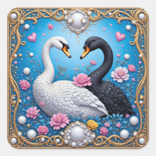Adesivo Quadrado Cisnes de Casamento Enquadrados com Ouro e Flores