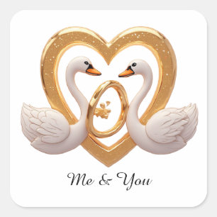 Adesivo Quadrado Cisnes de Casamento Romântico Com Alianças de Ouro