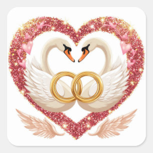 Adesivo Quadrado Cisnes de Casamento Romântico Com Alianças de Ouro