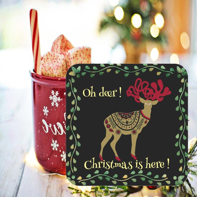Adesivo Quadrado Citação de Natal do Quadro Verde para Reindeers Do (Nordic Gold Reindeer Green Frame Christmas Quote Square Sticker)