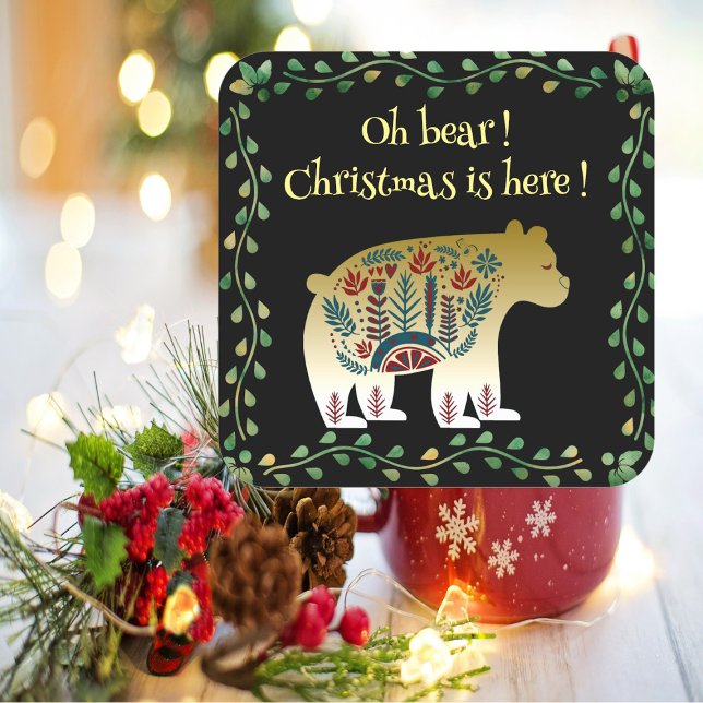 Adesivo Quadrado Citação de Natal do Urso Verde do Ouro Nórdico (Nordic Golden Bear Green Frame Christmas Quote Square Sticker)