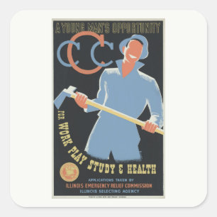 Adesivo Quadrado Civilian Conservation Corp: Trabalho Reproduzir Sa