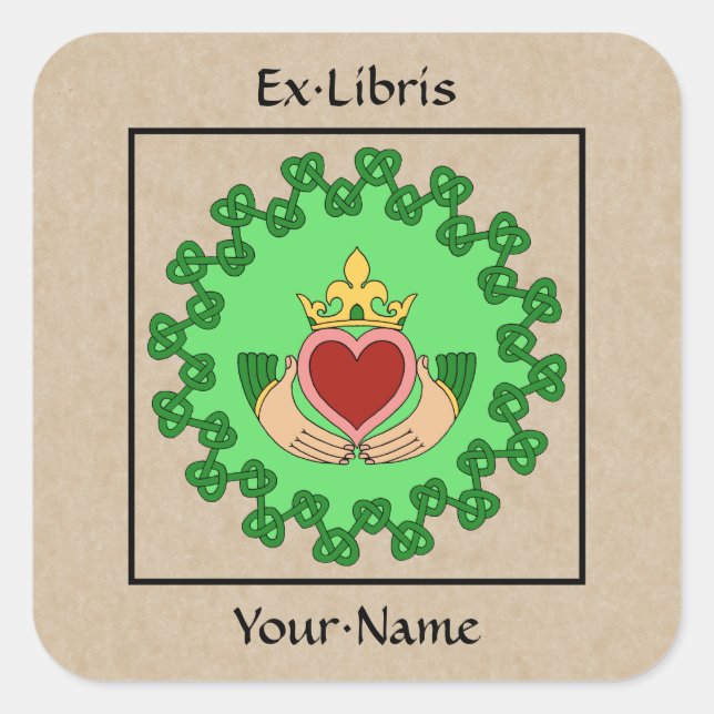 Adesivo Quadrado Claddagh e Knotwork Bookplate Verde (Frente)