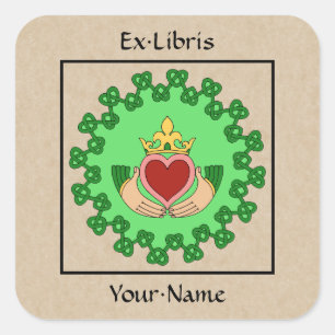 Adesivo Quadrado Claddagh e Knotwork Bookplate Verde