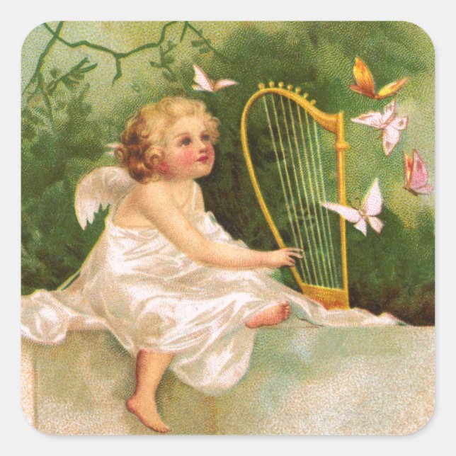 Adesivo Quadrado Clapsaddle: Angel Tocando Harp (Frente)