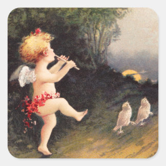 Adesivo Quadrado Clapsaddle: Pequeno Cherub com flauta