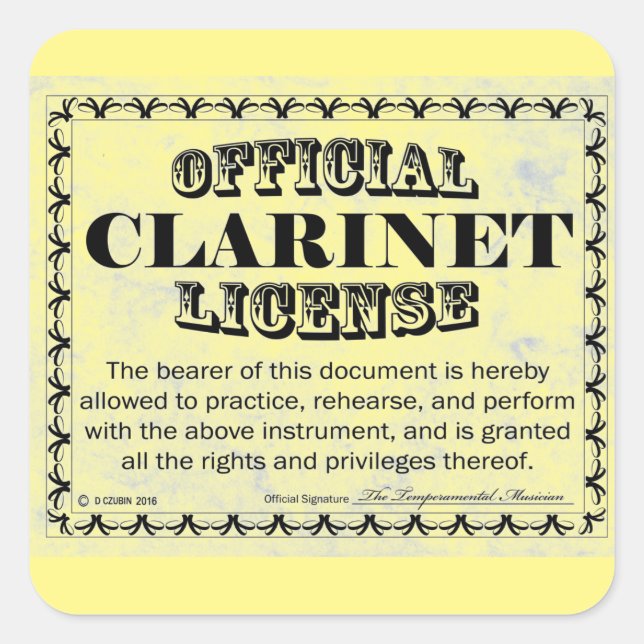 Adesivo Quadrado Clarinet License Square Sticker (Frente)