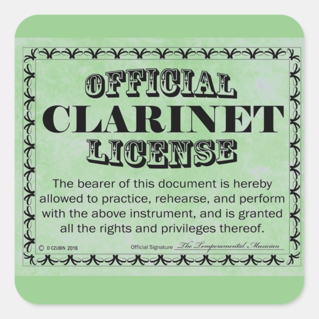 Adesivo Quadrado Clarinet License Square Sticker (Frente)