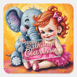 Adesivo Quadrado CLARISSA ~ FELIZ ANIVERSÁRIO ~ Elefante ~