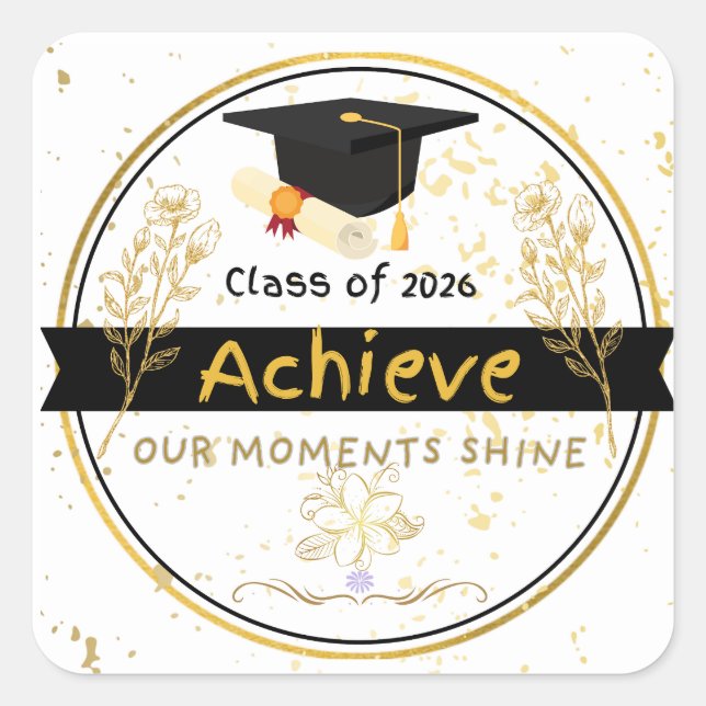 Adesivo Quadrado Class of 2026 Graduation Gold Floral Sticker (Frente)