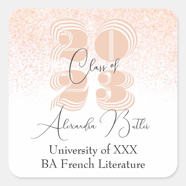 Adesivo Quadrado Classe 2023 Peach Obrigado Festa de Graduação (Frente)