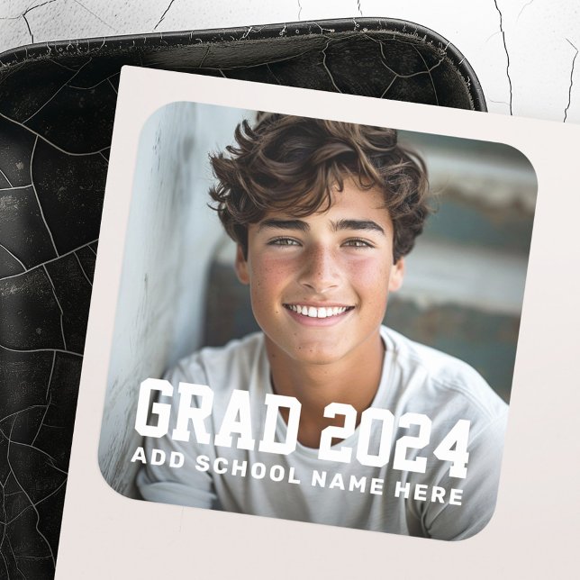 Adesivo Quadrado Classe de formando de fotos com nome do ano ou gra (Photo grad class of year name or school graduation square sticker)