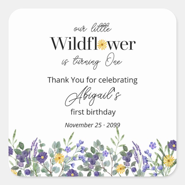 Adesivo Quadrado Classic Blue Our Little Wildflower 1st Birthday (Frente)