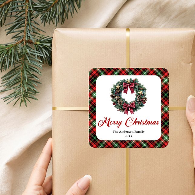 Adesivo Quadrado Classic Christmas Wreath Red Green Pattern Sticker (Classic Christmas Wreath Red Green Pattern Stickers)