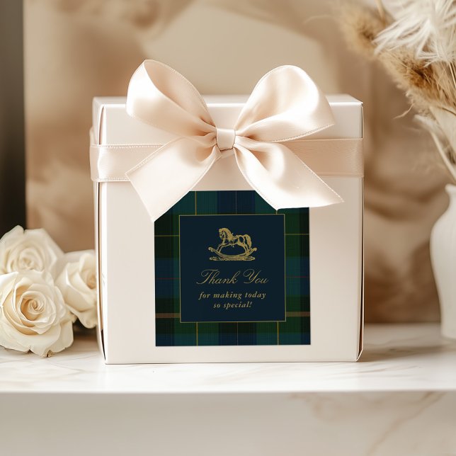 Adesivo Quadrado Classic Dark Green & Blue Plaid Baby Shower (Criador carregado)