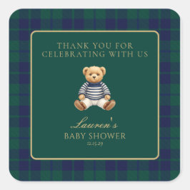 Adesivo Quadrado Classic Green Navy Plaid Bear Baby Shower 