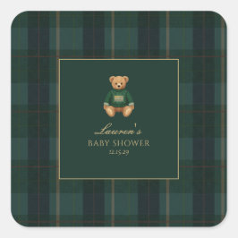 Adesivo Quadrado Classic Green Plaid Bear Baby Shower 