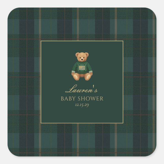 Adesivo Quadrado Classic Green Plaid Bear Baby Shower  (Frente)