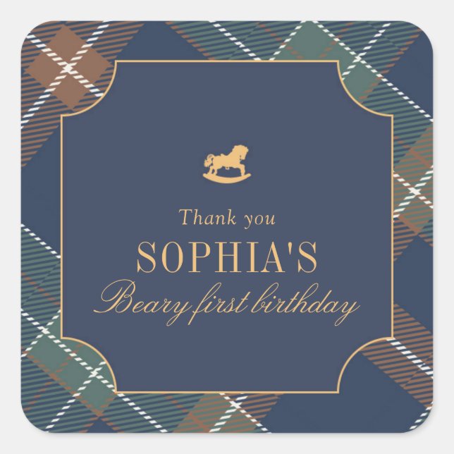 Adesivo Quadrado Classic Navy Plaid Teddy Bear Girl Birthday (Frente)