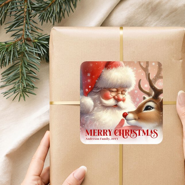 Adesivo Quadrado Classic Personalized Santa Rudolph Christmas Kids (Classic Personalized Santa Rudolph Christmas Sticker)