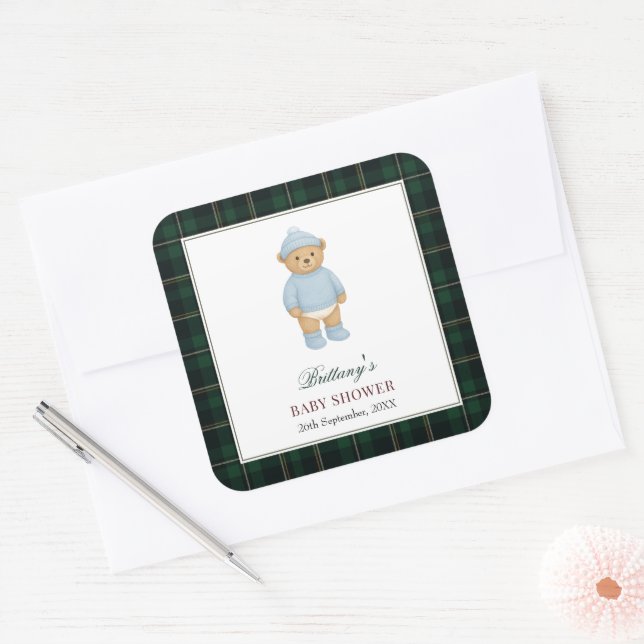 Adesivo Quadrado Classic Preppy Bear Designer Plaid Baby Shower (Envelope)