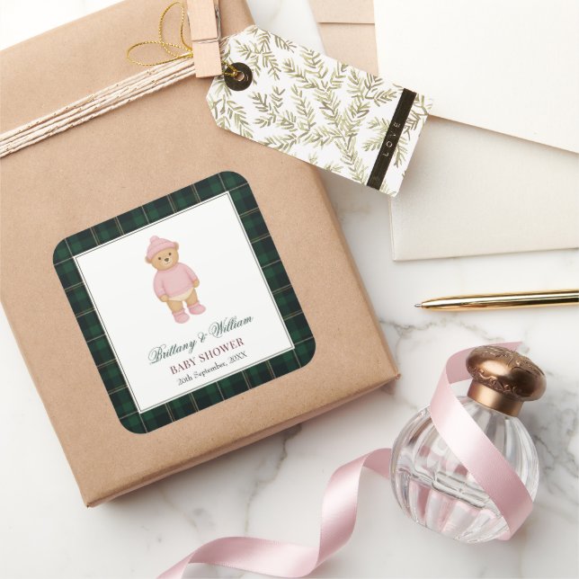 Adesivo Quadrado Classic Preppy Bear Pink Baby Shower (Presentear)
