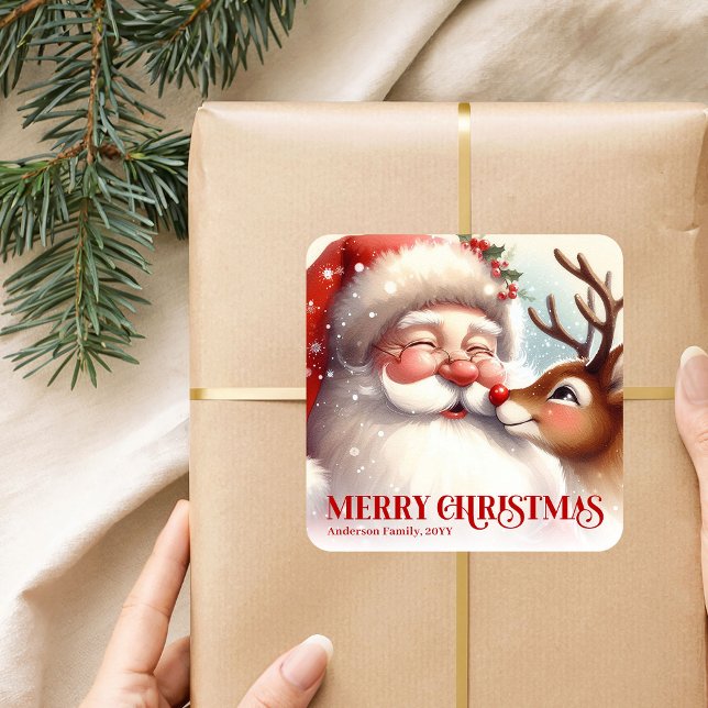 Adesivo Quadrado Classic Santa Rudolph Personalized Christmas Kids  (Classic Santa Rudolph Personalized Christmas Kids Holiday Sticker

)