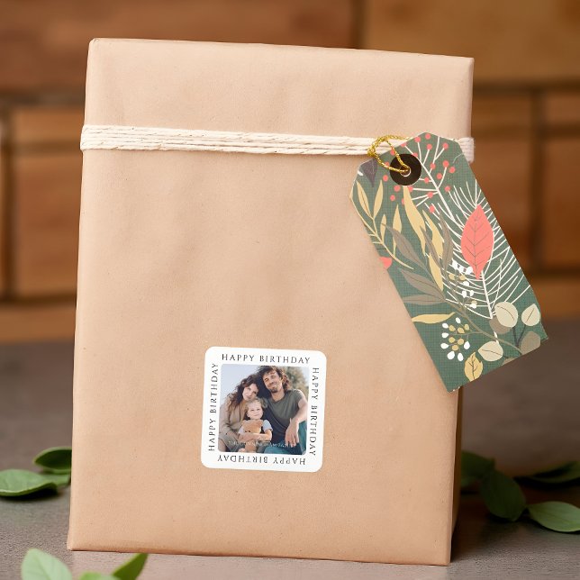 Adesivo Quadrado Classic Simple Happy Birthday Family Photo (Criador carregado)