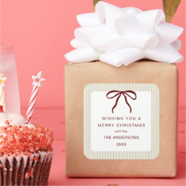 Adesivo Quadrado Classic Stripes Red Bow Merry Christmas